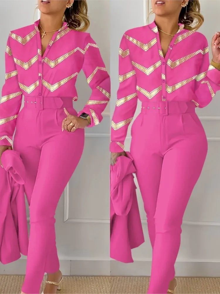 Autumn Winter Stand Neck Floral Print Long Sleeve Shirt Pants Two Piece Sets Elegant Women Casual Shirt Trousers Suits With Belt