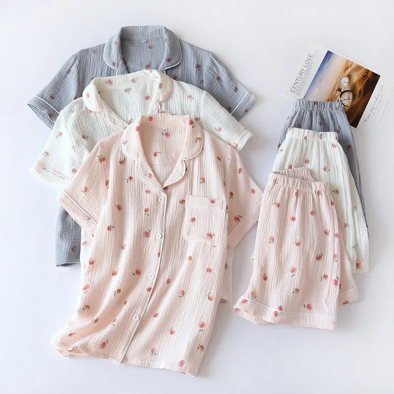 2025 Summer Ladies Short-sleeved Shorts Pajamas Set 100% Cotton Crepe Cloth Thin Home Service Two-piece Spring And Autumn Loose