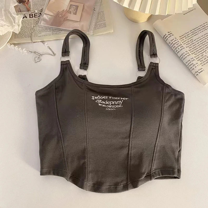 Women Embroid Letter Tank Tops With Bra Pad Casual Camis Y2K Crop Tops For Women Shoulder Belt Iron Ring Tank Tops