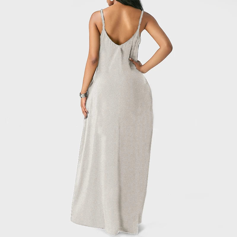 Women Pocket Long Dress Sexy V-Neck Sleeveless Loose Casual Dresses Summer Spaghetti Strap Solid Color Beach Maxi Dress S-5XL