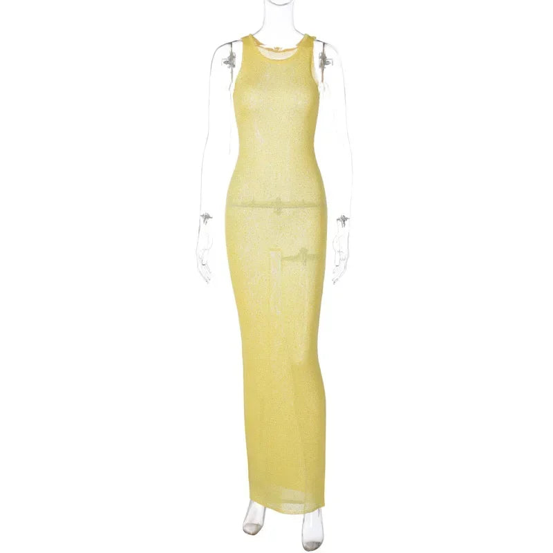 Summer Spliced See-through Long Dress Women Casual Sleeveless Vest Long Dress Solid Color Sequined Slim Party Dress 2024 New