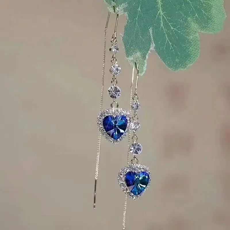 New Blue Heart Shaped Zircon Earrings For Women Light Luxury Long Tassel Ear Wire Dangle Earring Ladies Wedding Party Jewelry