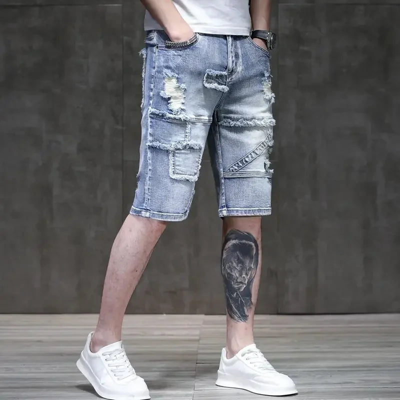 Long Male Denim Shorts with Pockets Skinny Half Men's Short Jeans Pants Bermuda Slim Ripped Sale Popular Streetwear Luxury Xxxl