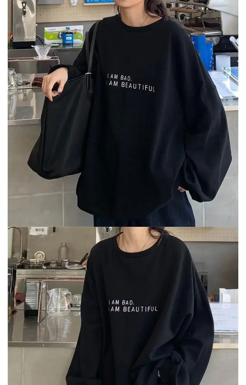 Spring Autumn Long Sleeve Sweatshirt casual O-Neck Hoodie Women's Loose Thin Polyester T-shirt Minimalist Style Letter Print Top