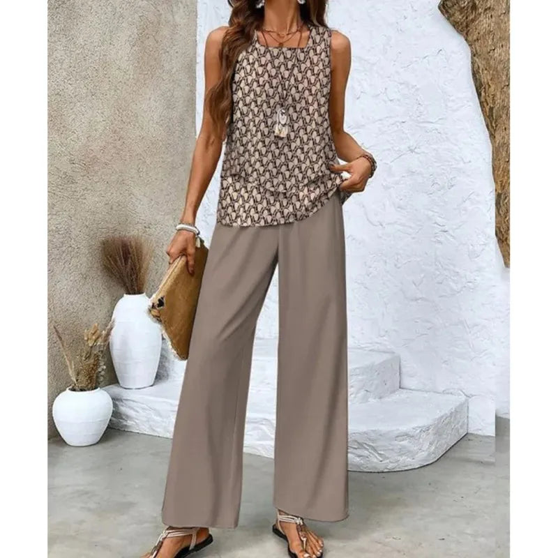 Elegant Square Collar Top Wide Leg Pants Two-piece Set 2025 New Women's Sleeveless Double-layer Vest Pants Set Woman Rompers