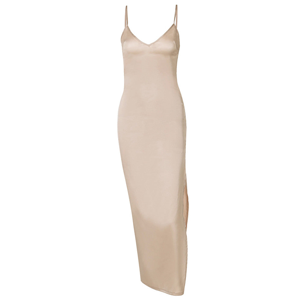 Women Summer Satin Silky Spaghetti Strap Split Long Dress Elegant Sleeveless Backless Club Party Beach Sexy Dresses Vestito 2021