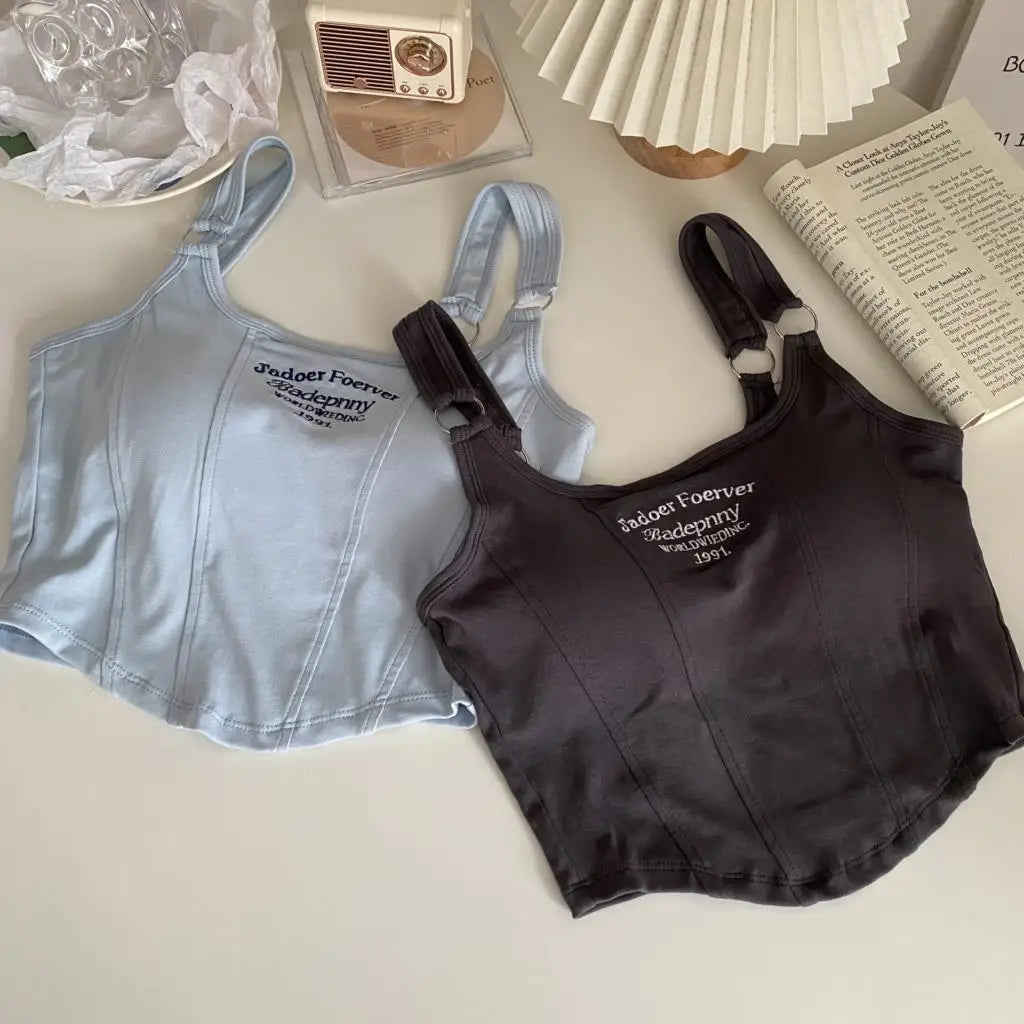 Women Embroid Letter Tank Tops With Bra Pad Casual Camis Y2K Crop Tops For Women Shoulder Belt Iron Ring Tank Tops