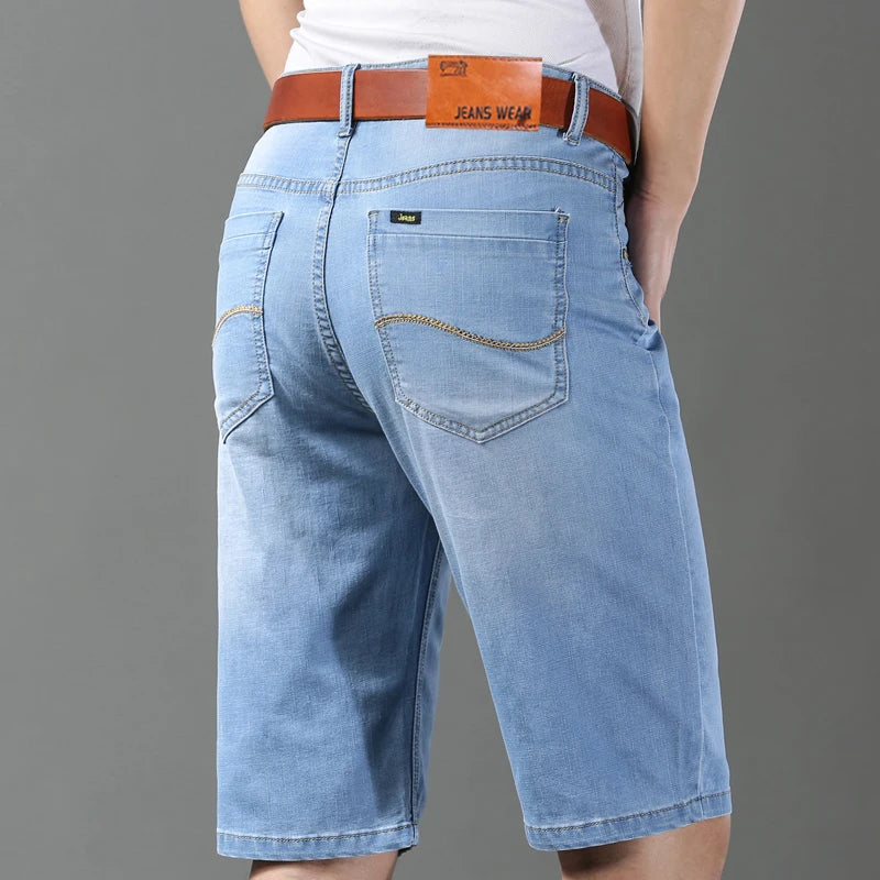 Summer Classic Shorts Jeans Men Denim Pants Straight Stretch Casual Cool Thin Knee Length Sky Blue Fashion Brand Daily Trousers