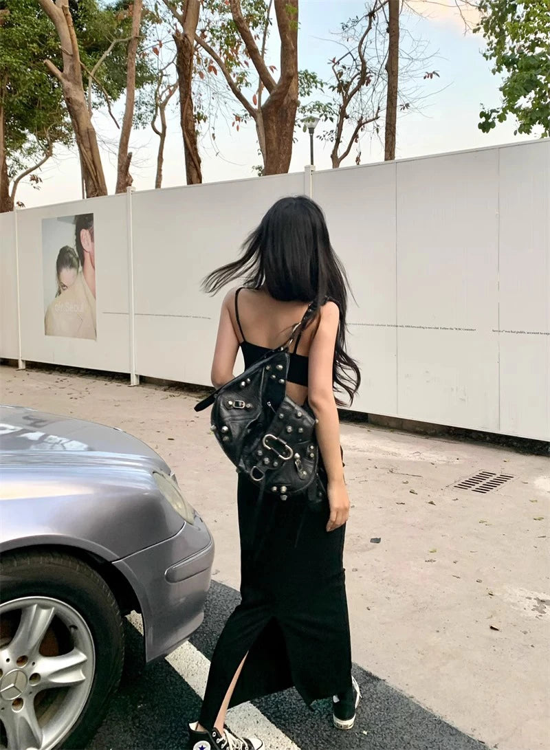 Sexy Spicy Girl Hollow Backless Back Camisole Dress Women's Summer Y2k Clothing Party Bodycon Dresses Split Wrapped Hip Sundress