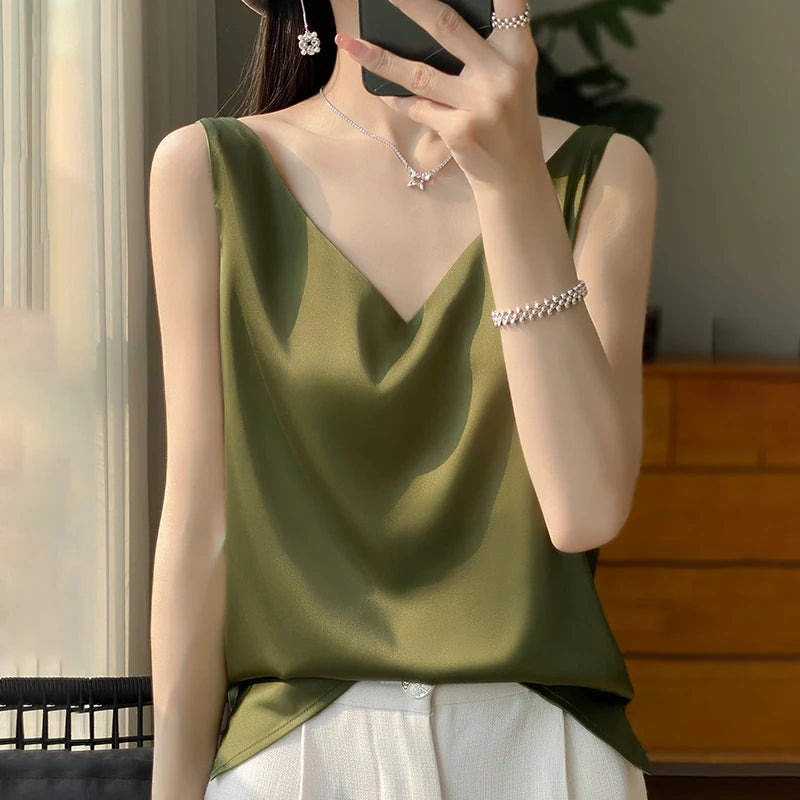 2024 New Silk Satin Women's Tank Top Basic V-neck Multi Color White Black Women's Sleeveless Top Summer Sexy Bottom