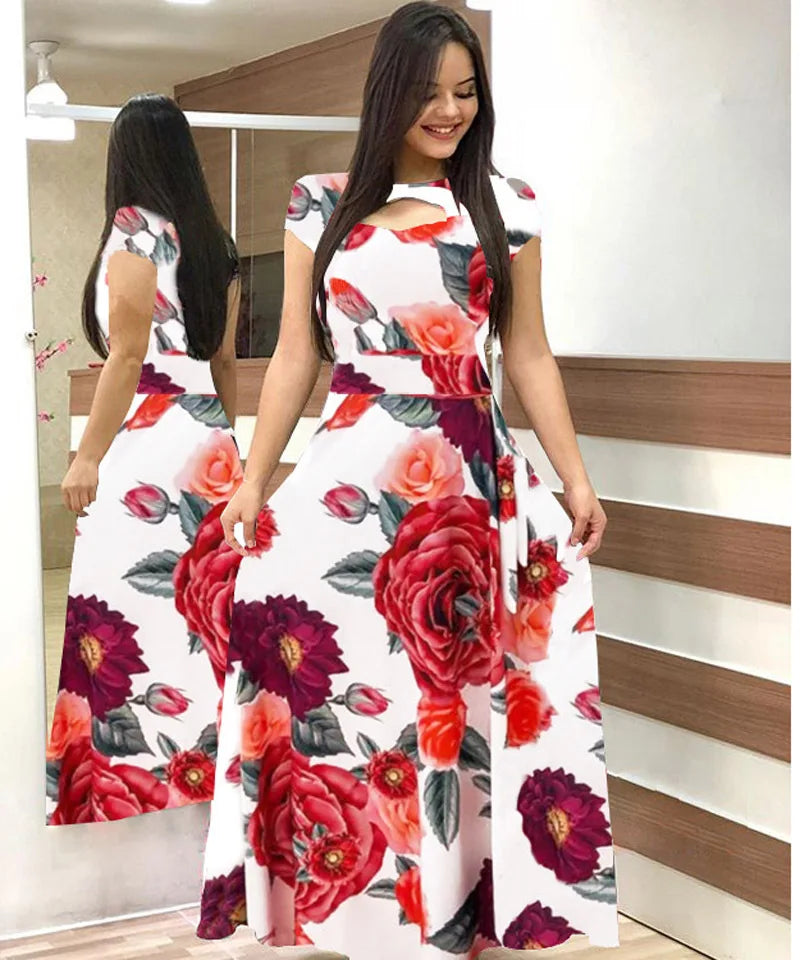 Elegant Spring Women's Dress Casual Fashion Floral Print Short Sleeve Super Long Dress 2023 New Fashion Hollow Out Long Dresses