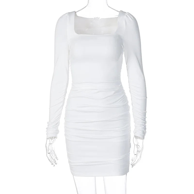 Elegant Square Collar Long Sleeves Folds Slim Bodycon Dress Women Solid Color Skinny Mini Dress Sexy Club Party Vestidos