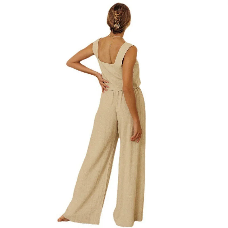Women Casual Solid Color Suit Sweet 2 piece Set Sleeveless Vest Wide Leg Pants Cotton And Linen Sets Suumer Fashion Women's Wear