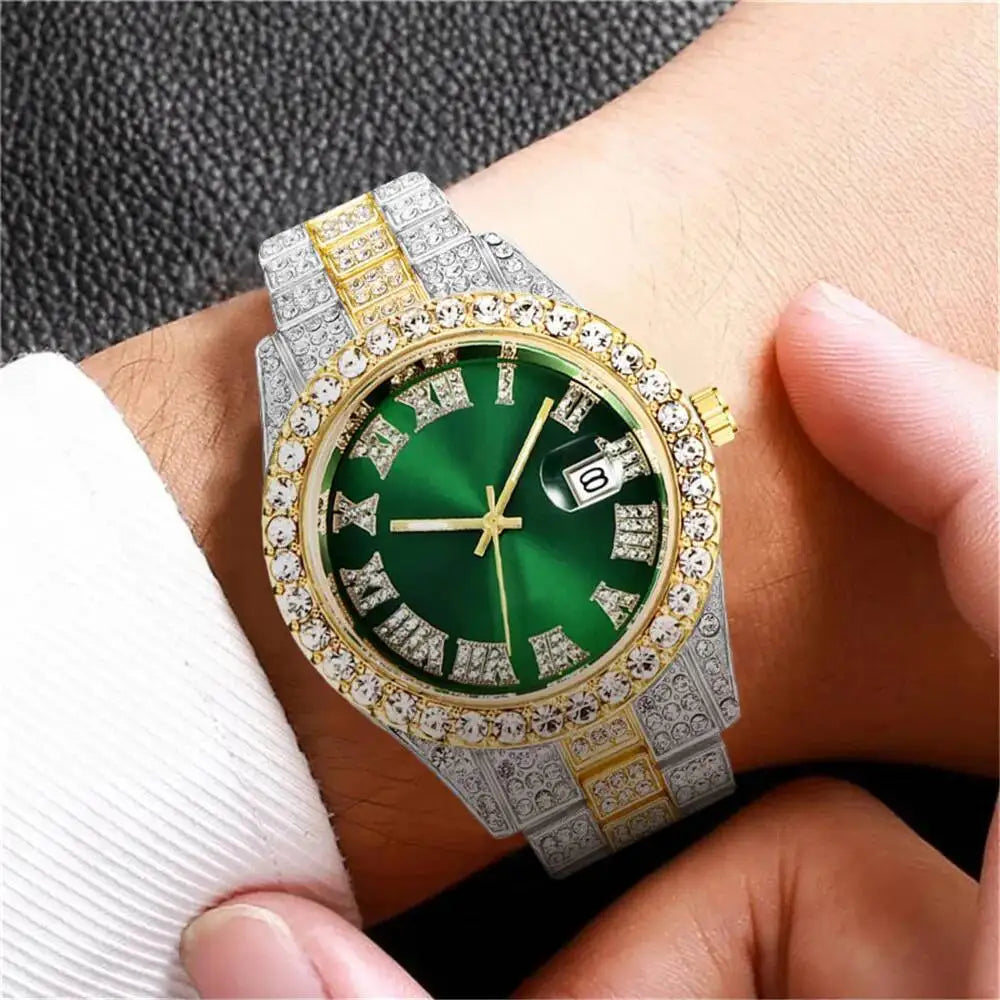 Luxury Full Diamond Men Watches Fashion Stainless Steel Strap Male Quartz Wristwatches Date Calendar Watch Reloj Hombre