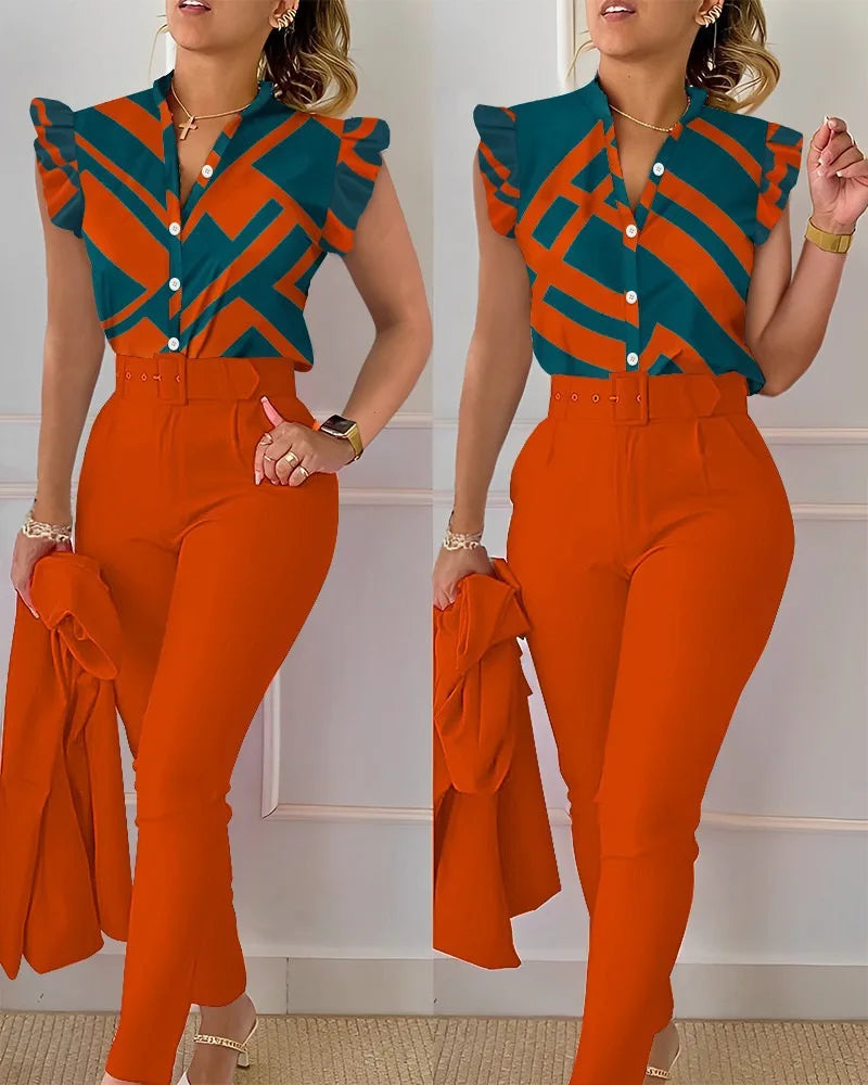 Spring Summer Women's New Printed Lotus Leaf Sleeveless Shirt Suit Elegant Slim Femal Office  Long Pants Belt Two Piece Set 2025