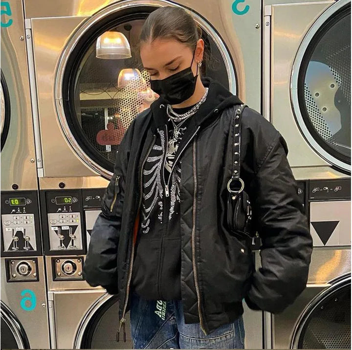Y2K Rhinestone Skeleton Hoodies Women Gothic Black Zip Up Oversized Sweatshirts Female Retro Harajuku Hooded Jacket Streetwear