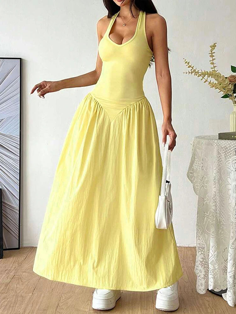 Women's Maxi Dresses New Summer Solid Sexy Backless V-neck Dress Streetwear Fashion Female Casual Slim Halter Dresses Clothing