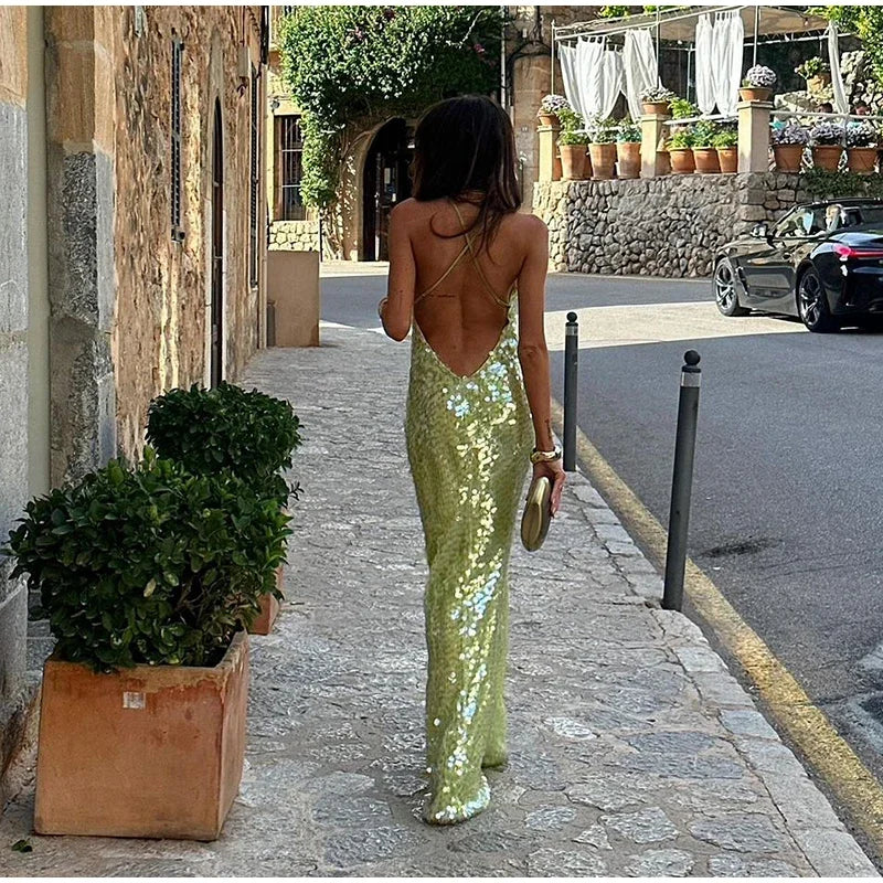 Sexy Sequins Backless Long Mermaid Dress Women Bodycon Halter Neck Sleeveless See Through Party Dresses 2024 Autumn Evening Gown