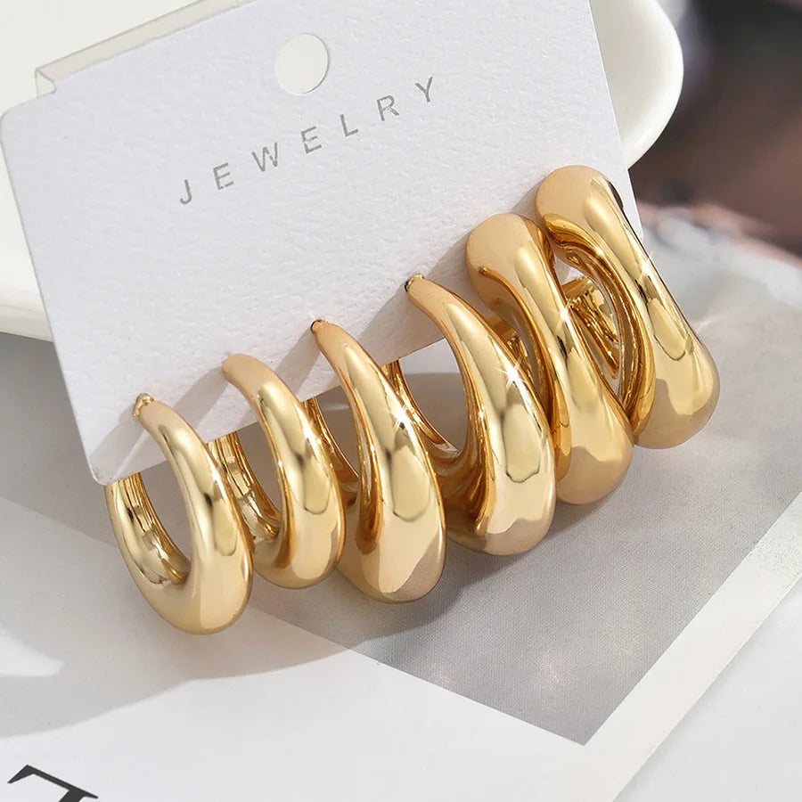 6Pcs Classic Geometry Glossy Ccb Gold Plated Waterdrop C Shape Hoop Earrings Set for Women Teens Vintage Daily Wear Ear Jewelry