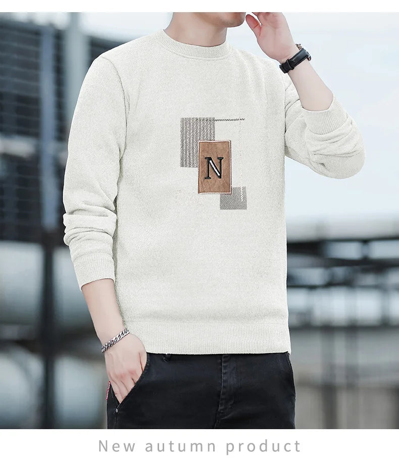 Autumn Winter Fashion Sweater Men's Round Neck Pullovers Fleece Thick Warm Jumpers Pattern Patchworked Men's Clothes