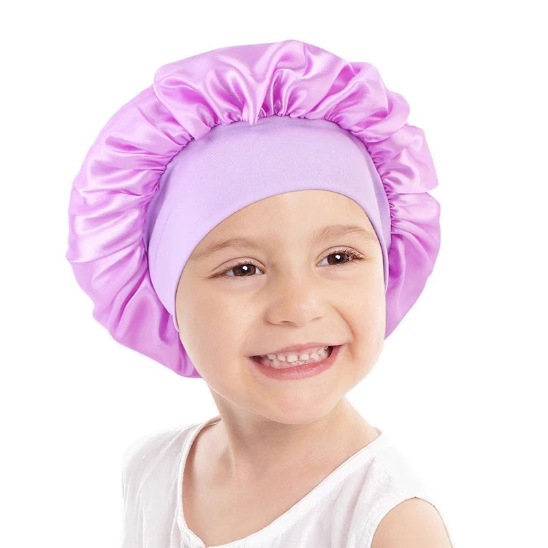 New Kids Girls Boys Satin Night Sleep Cap Wide Band Elastic Turban Headwear Bonnet Hair Care Beanie Nightcap Scarf Bandana