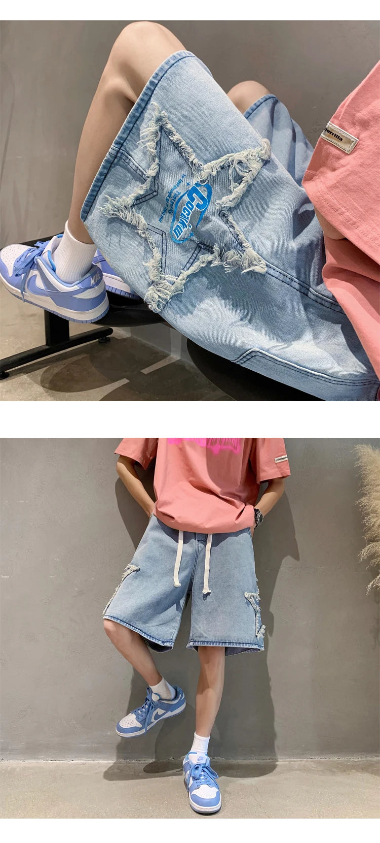Summer Pentagram Patch Shorts Elastic Waist Letter Printed American Retro Casual Fashion Men Denim Knee-length shorts