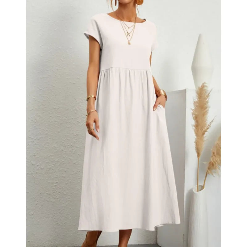 2024 Summer New Short Sleeved Women's Dress With Loose Casual Pockets Solid Color Round Neck Pullover Long And Elegant Dress