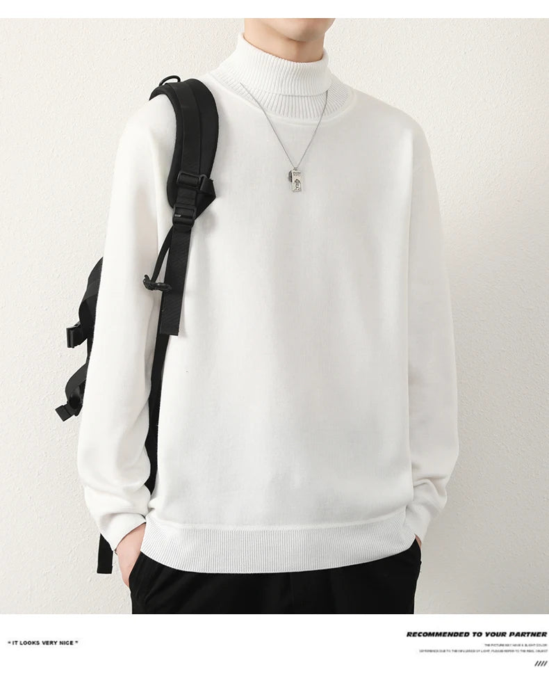 Mens Winter Sweater Thick Warm Knitwear Man Classic Solid Bottom Shirts Men's Pullover White Beige Korean Fleeced Clothes
