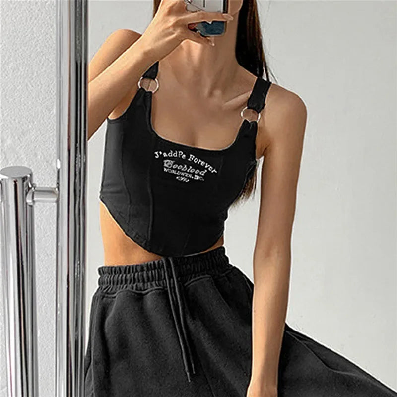 Women Embroid Letter Tank Tops With Bra Pad Casual Camis Y2K Crop Tops For Women Shoulder Belt Iron Ring Tank Tops