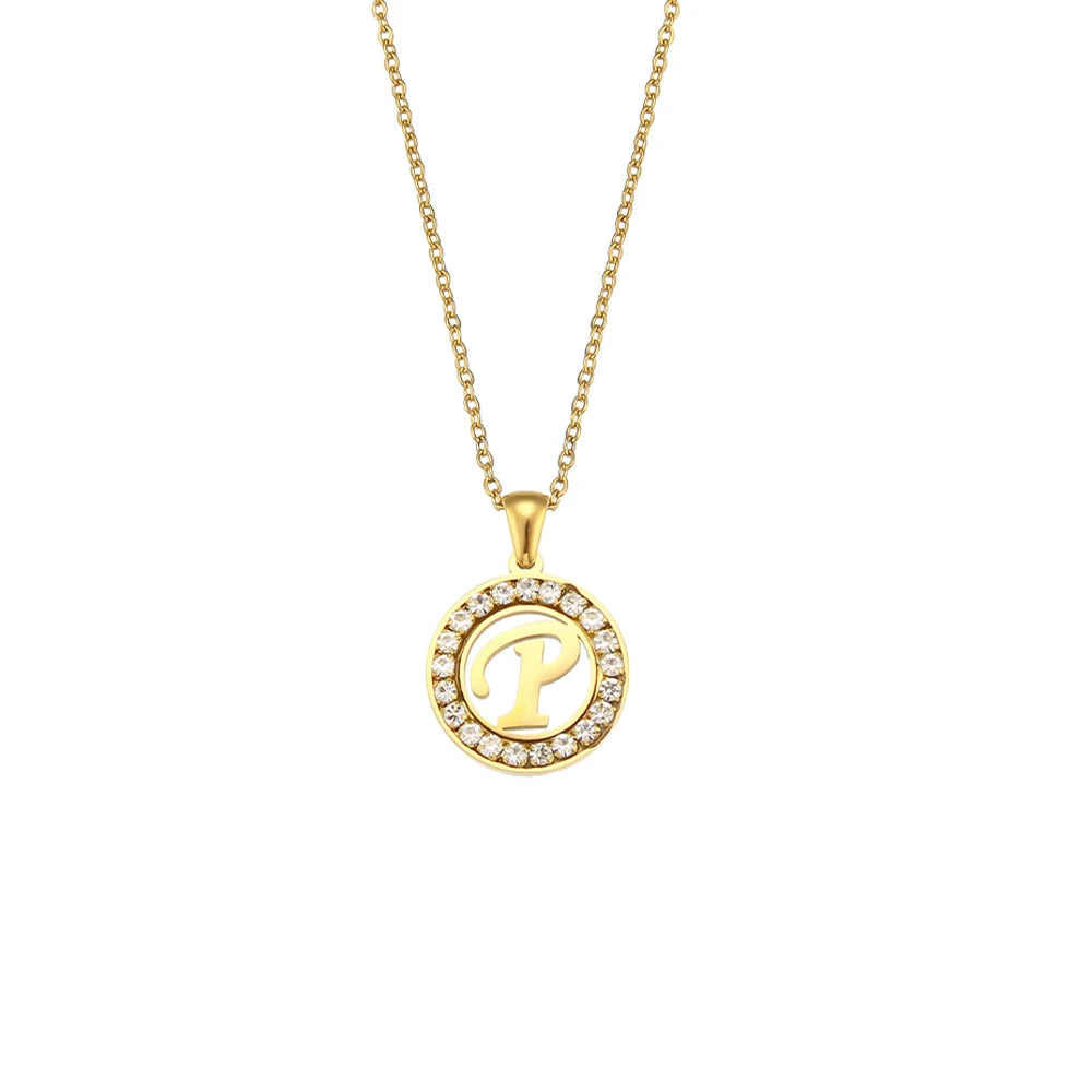 E.B.belle Hollow Round Zircon Paved 26 Alphabet Initial Necklace Ladies Elegant Birthday Gift 18K Gold Plated Letter Necklace