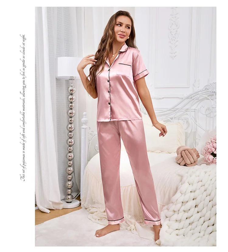 Satin Pajama For Women Home Clothes Pajamas Autumn Short Sleeve Turn-down Collar Tops & Pants Sleepwear 2 Piece Set Pyjama Femme