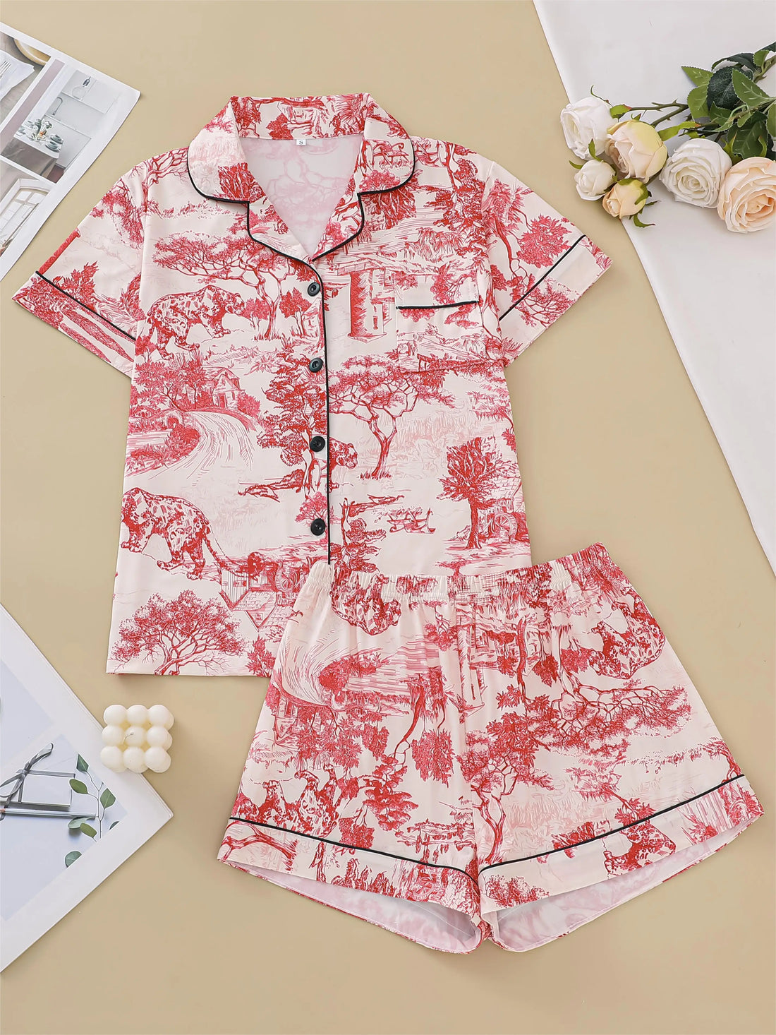 Natural animal print pajama set comfortable short-sleeved lapel top and elasticated waistband shorts women's loungewear