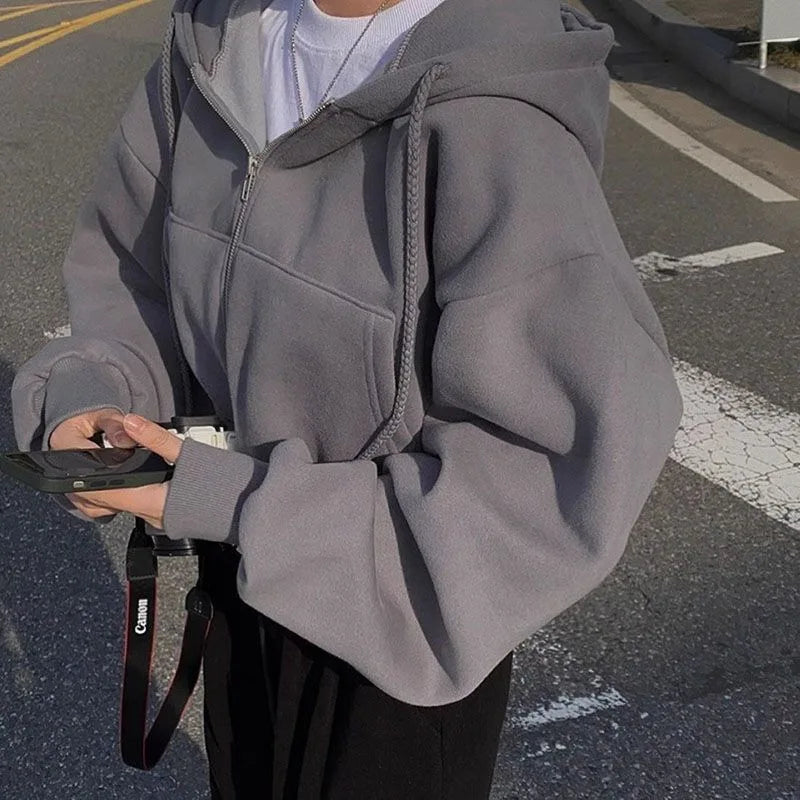 Fashionable Autumn and Winter Zipper Hooded Sweatshirt with Fleece Short Style Slim Fit and Warm Women's Hooded Sweatshirt Jacke