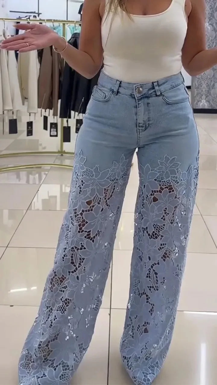 Women's Spring Summer Fashion Hollow Out Lace Splicing Denim Drape Pants Full Length Trousers