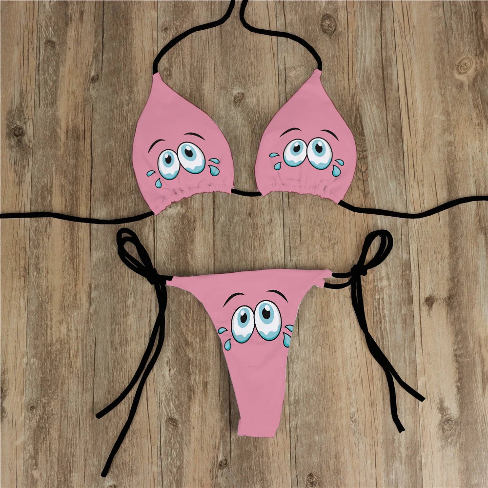 Sexy Bikini Set Yellow Swimsuit Cartoon Print  Fashion Sweet Women's Bra Swimsuit Deep V Summer Beachwear Party Bikini suit