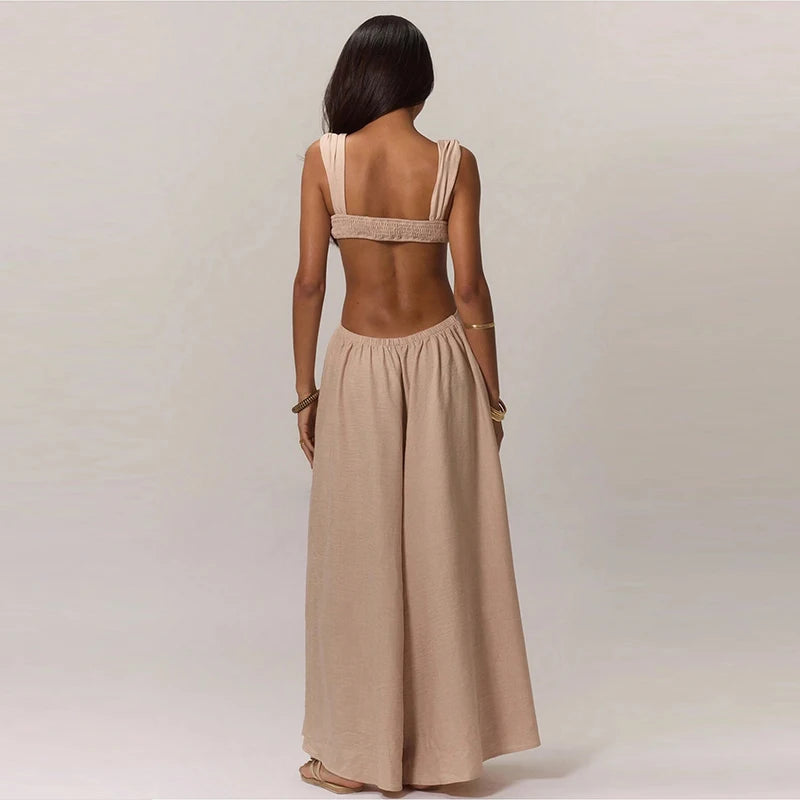 Fashion Hollow Waist Halter Wide Leg Jumpsuits Sexy Tube Top Sleeveless Solid Color Playsuits Lady High Street Commute Rompers