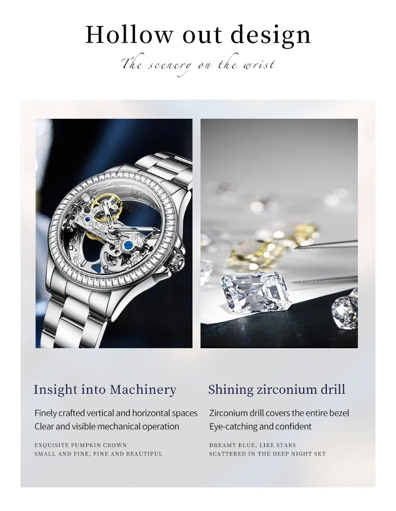 OLEVS Luxury Women Automatic Mechanical Watch Stainless Steel Diamond Inlay Fully Hollow Design Luminous Dial Elegant Wristwatch