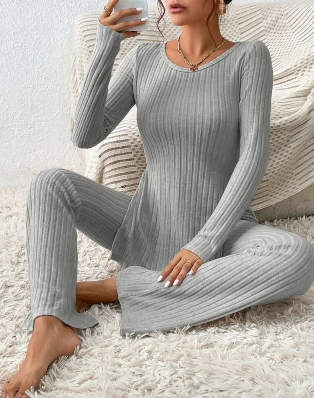 Autumn Winter Fashion Knit Suit 2024 Casual Loose Pullover+Elastic Long Pants Print Knitted Solid Two Pieces Sets Women Clothing