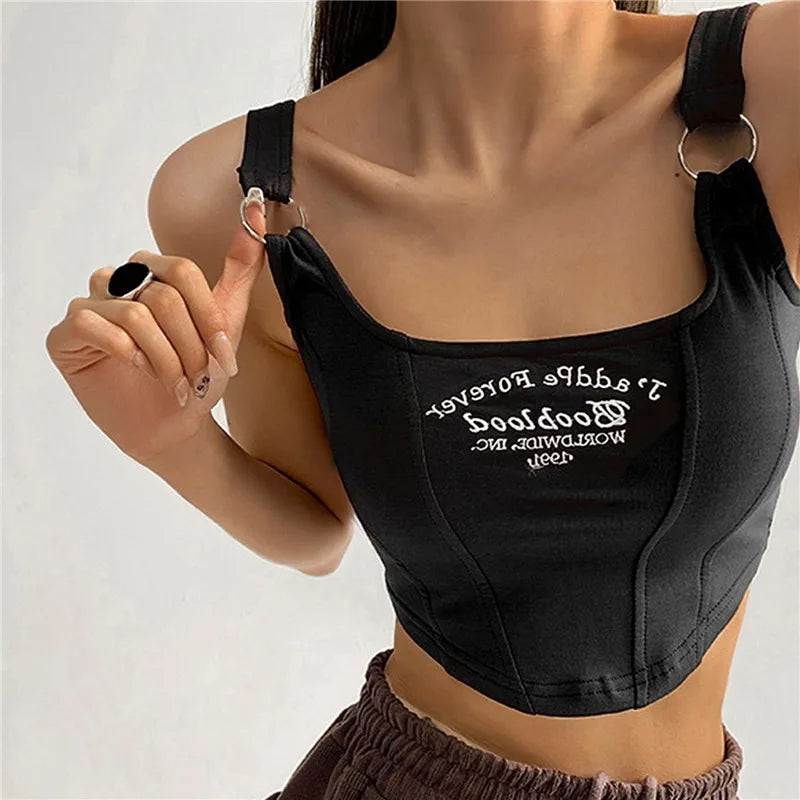 Women Embroid Letter Tank Tops With Bra Pad Casual Camis Y2K Crop Tops For Women Shoulder Belt Iron Ring Tank Tops