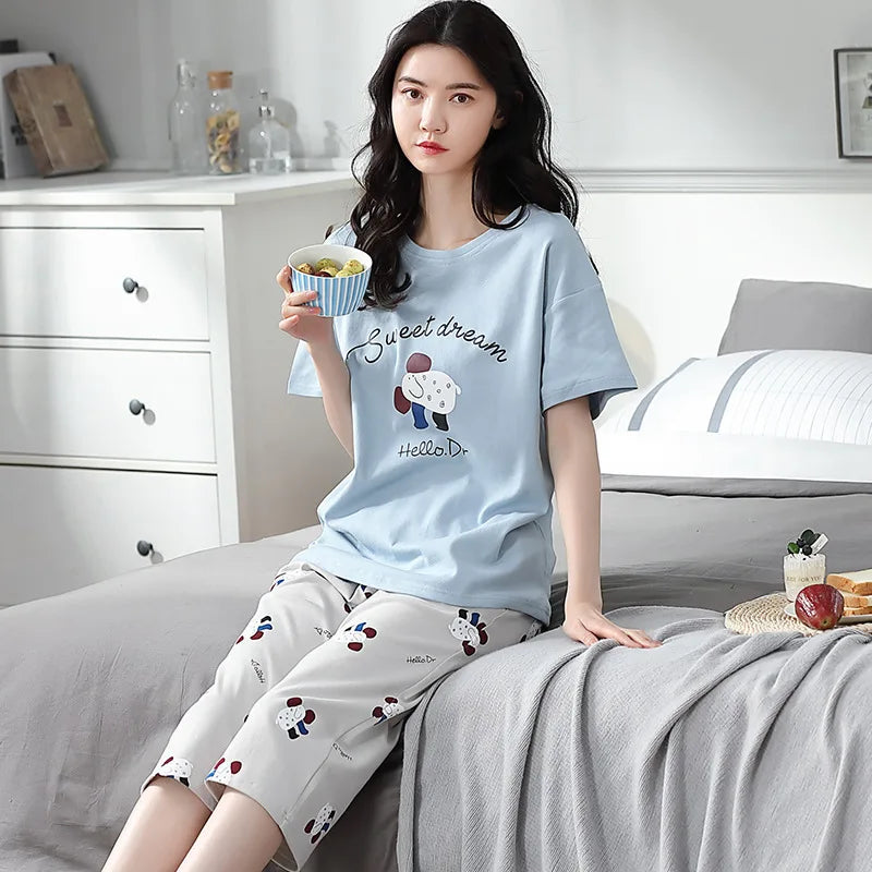 Women Sleepwear Half-Sleeve Seven-Quarter Trousers Student Nightwear Homewear Set Round Neck Cartoon Ladies Pajamas Loungewear