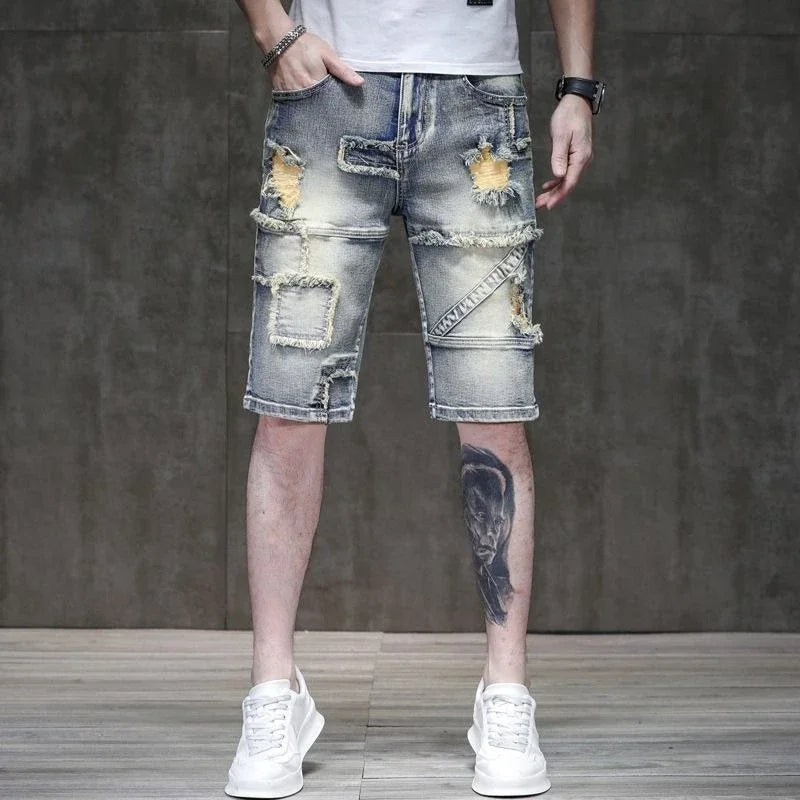 Long Male Denim Shorts with Pockets Skinny Half Men's Short Jeans Pants Bermuda Slim Ripped Sale Popular Streetwear Luxury Xxxl