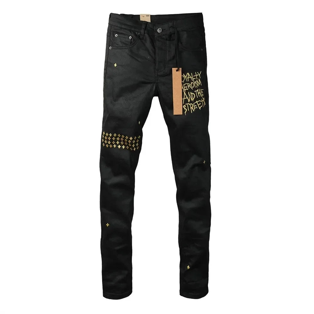 New Jeans American High Street Men Retro Wash Black Letter Embroidery Low Rise Elastic Skinny Pleated Ripped Frayed Pants Brand