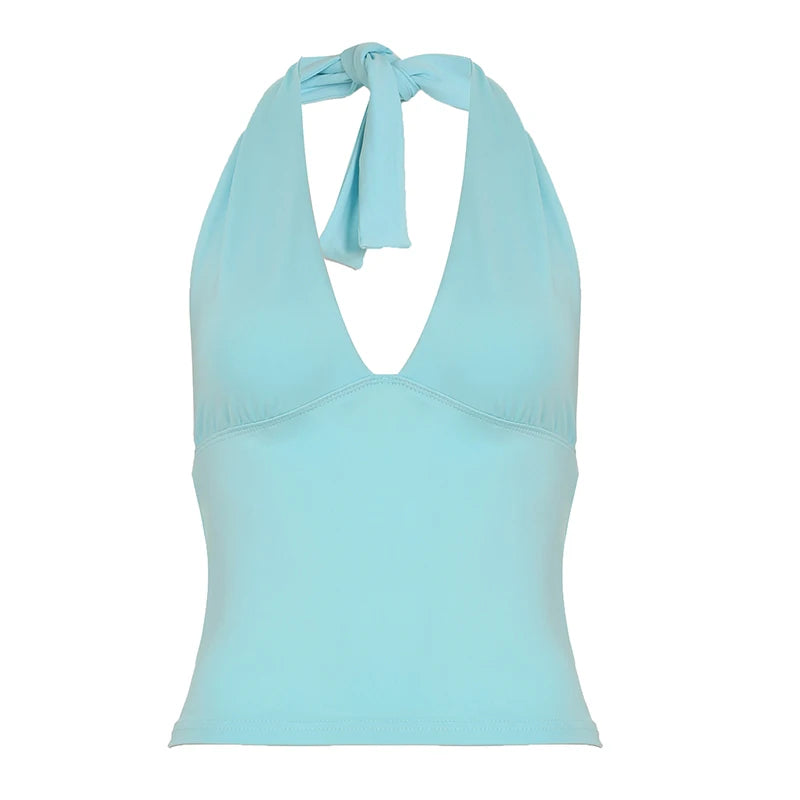 Simple Basic V-Neck Sexy Women Halter Tanks Summer All-Match Fashion Slim Fit Blouses Chic Trendy New
