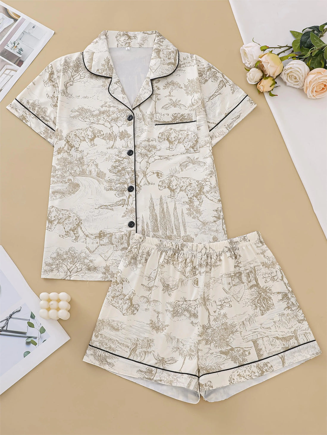Natural animal print pajama set comfortable short-sleeved lapel top and elasticated waistband shorts women's loungewear