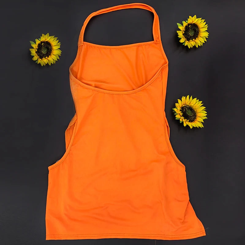 New Solid Color Sling Mini Dress Metal Buckle HollowHip Deep Split Metal Circle Decoration Hottie Girls Spicy Clubwear Street