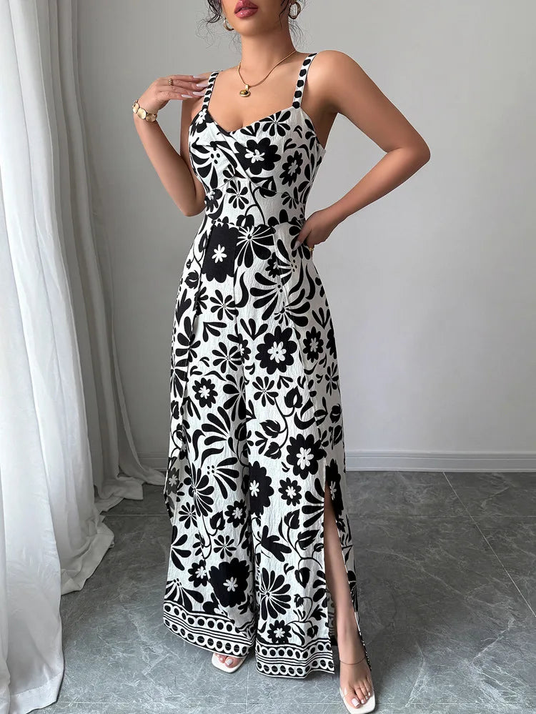 Jumpsuits Sleeveless Women V Neck Print Rompers Wide Leg Length Pants Jumpsuit Sexy High Waist Slight Strech Loose One Piece