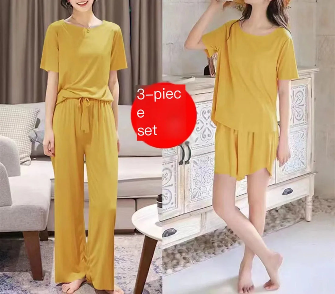 Ice Silk Pyjamas Three-Piece Set Women's Female Home Wear Trousers Simple Leisure Comfortable Loose Short-Sleeved Girl Sleepwear