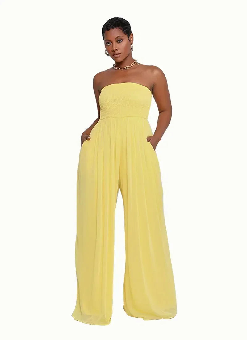 Women Strapless Sleeveless Long Loose Wide Leg Pants Overall Jumpsuits High Waist Solid Color Full Length Pants