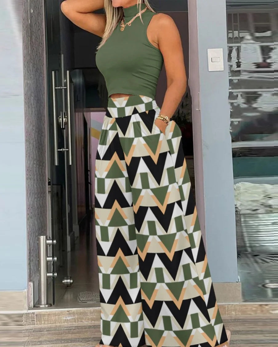 Autumn New Sleeveless Vest For Women's Suit Fashion Printed Wide Leg Trousers Slim Elegant Female Temperament Office 2 Piece Set