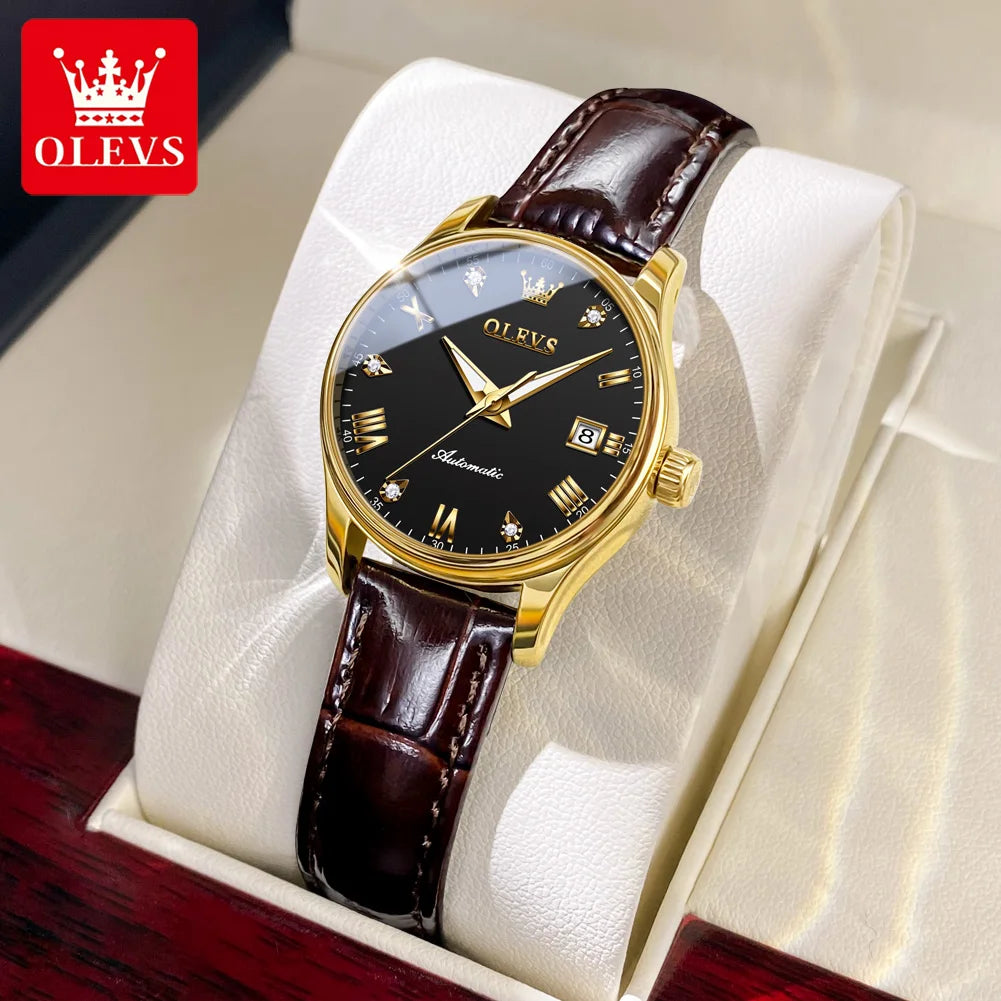 OLEVS 9932 Women's Automatic Mechanical Wristwatch Leather Strap Waterproof Dual Calendar Wristwatch Luxury Elegant Ladies Watch